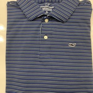 Vineyard Vines Boy’s XL Performance Blue Multi Striped Short Sleeved Polo Shirt.